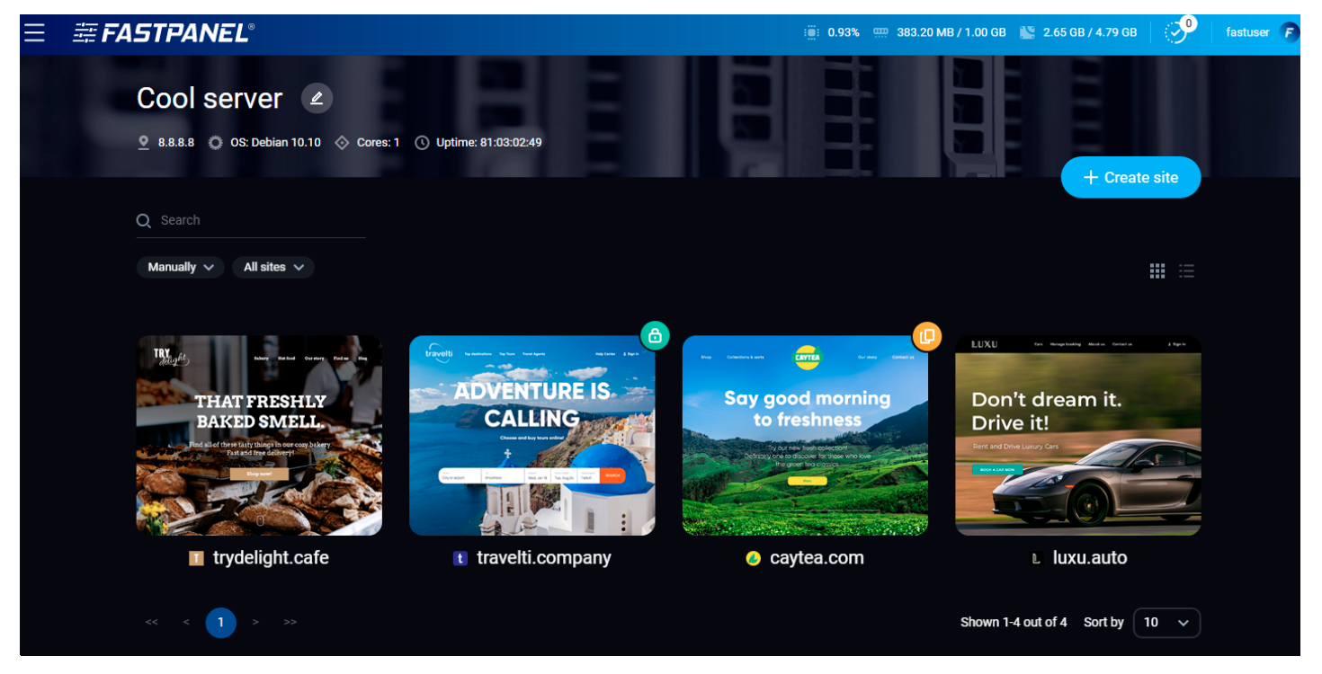 websites manage panel for dedicated server