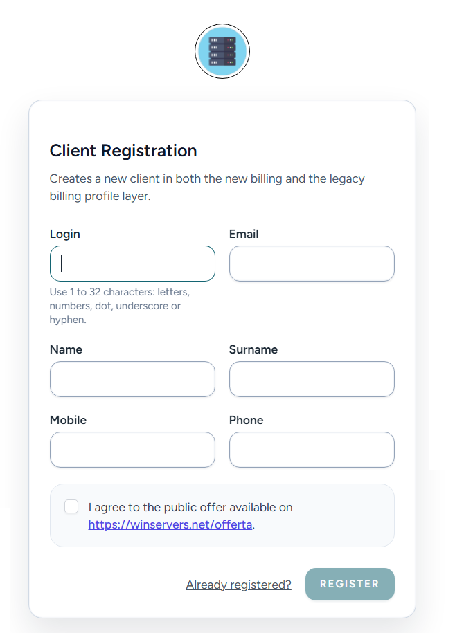 Registration form in Winservers.NET billing panel